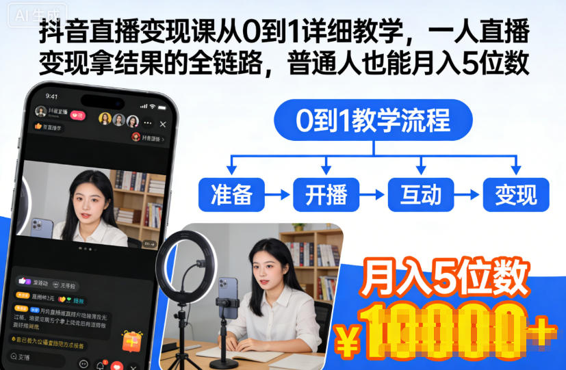 抖音直播变现课从0到1详细教学,一人直播变现拿结果的全链路,普通人也能月入5位数-森焱资源库