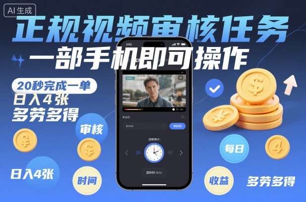 正规视频审核任务，一部手机即可操作，20秒完成一单，日入4张，多劳多得【揭秘】-森焱资源库