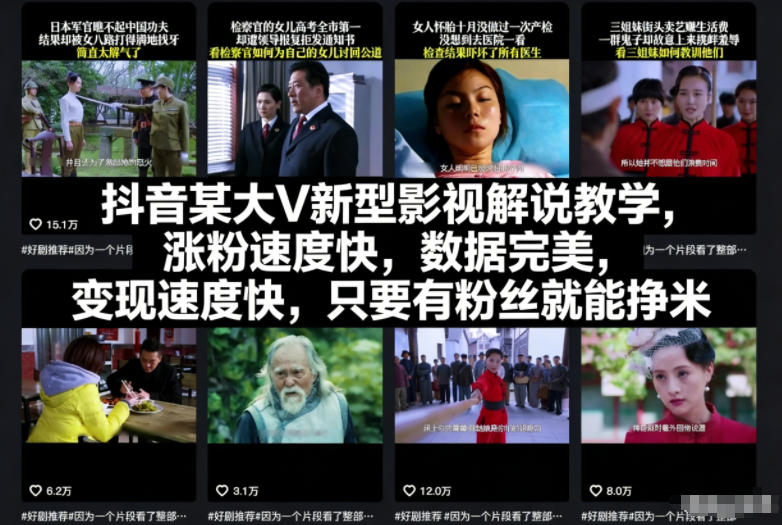 抖音某大V新型影视解说教学，涨粉速度快，数据完美，变现速度快，只要有粉丝就能挣米-森焱资源库