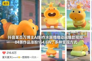 抖音某百万博主AI制作水豚噜噜动画爆款视频，84条作品涨粉164.6W，多种变现方式-森焱资源库