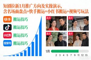 短剧拉新1月推广方向及实操演示,含名场面盘点+快手搬运+小红书搬运+视频号玩法-森焱资源库
